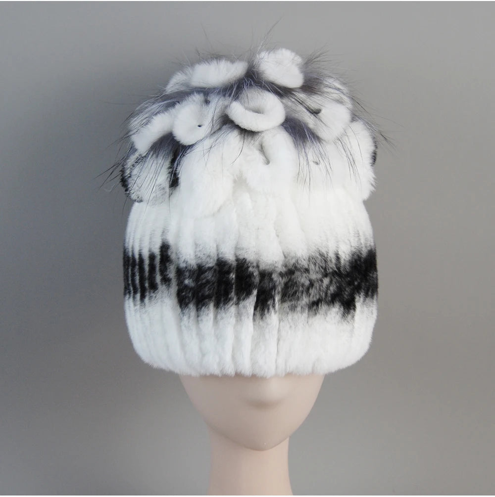 Fur Hats for Women Winter Real Rex Rabbit Hat Fox Fur Knit Female