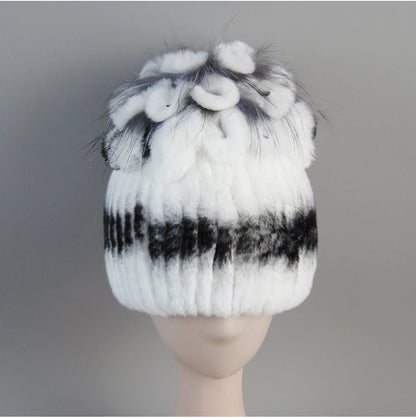 Fur Hats for Women Winter Real Rex Rabbit Hat Fox Fur Knit Female