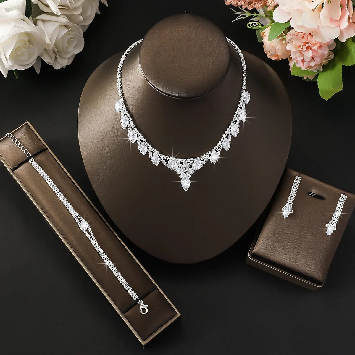 Fashion Micro inlaid Copper Zircon Petal Necklace Earrings Bracelet