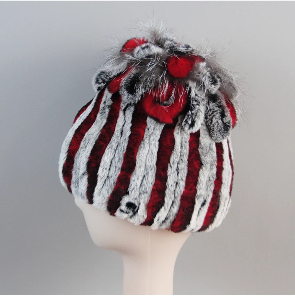 Fur Hats for Women Winter Real Rex Rabbit Hat Fox Fur Knit Female