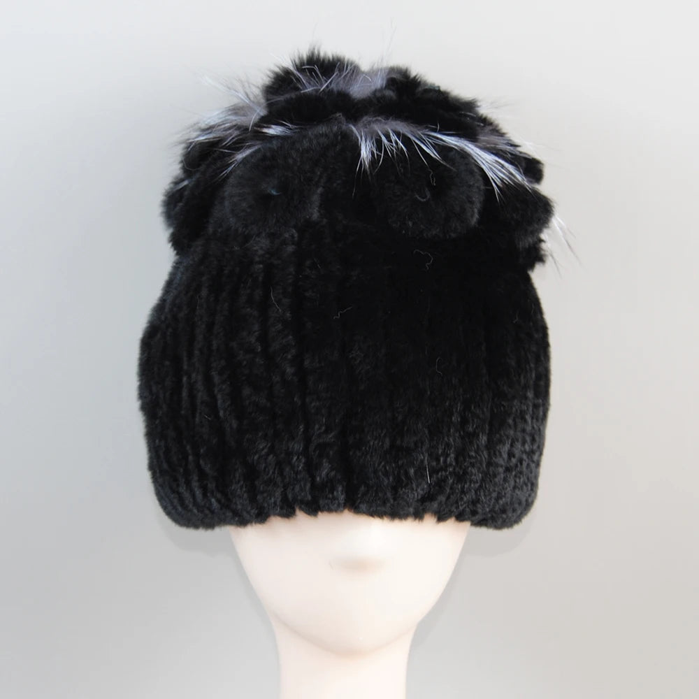 Fur Hats for Women Winter Real Rex Rabbit Hat Fox Fur Knit Female