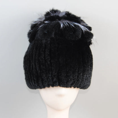 Fur Hats for Women Winter Real Rex Rabbit Hat Fox Fur Knit Female