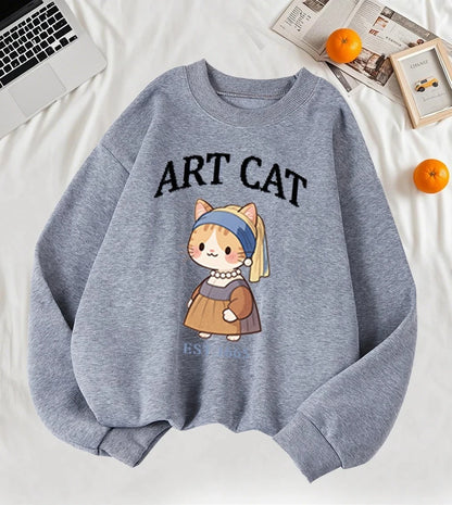 Girl with A Pearl Earring Art Cat Cartoon Print Womens Sweatshirt