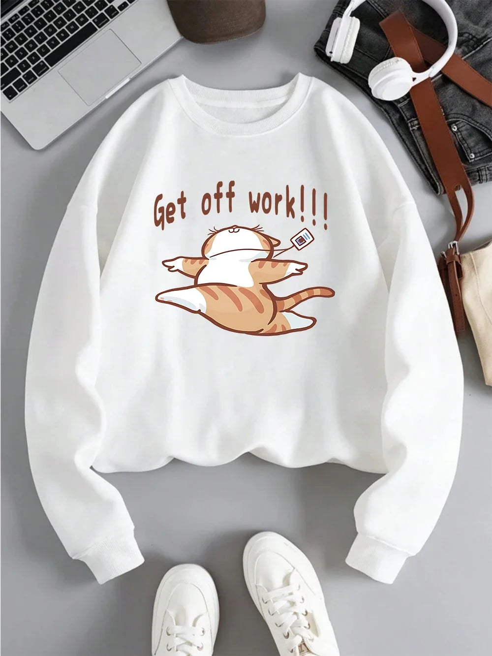 Get Off Work Happy Cat Prints Hoodies Women Winter Basics