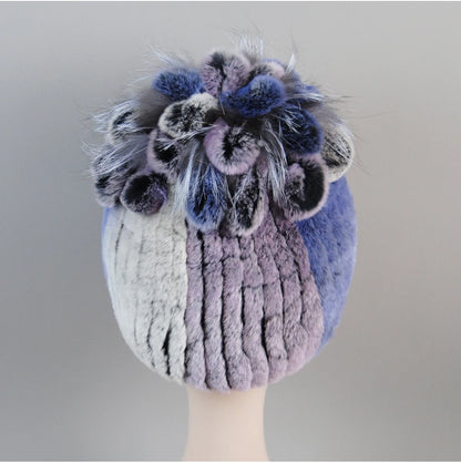 Fur Hats for Women Winter Real Rex Rabbit Hat Fox Fur Knit Female