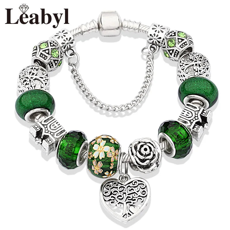 Antique  Silver Tree of Life Charm Bracelets Green Crystal Flower