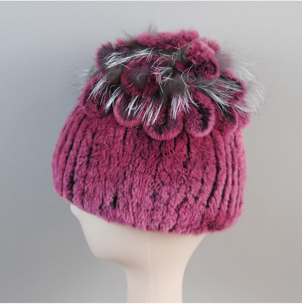 Fur Hats for Women Winter Real Rex Rabbit Hat Fox Fur Knit Female