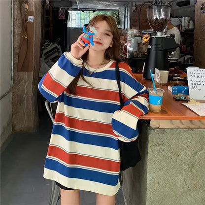 Women's Autumn T-shirt Striped Top Sweatshirt 2024 Korean