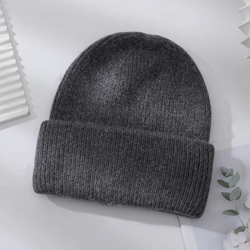 Winter Hats Woman Soft Knit Beanie Warm Rabbit Fur Hat Solid