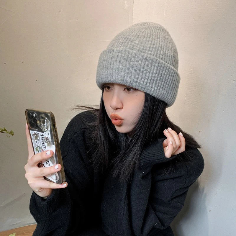 Winter Hats Woman Soft Knit Beanie Warm Rabbit Fur Hat Solid