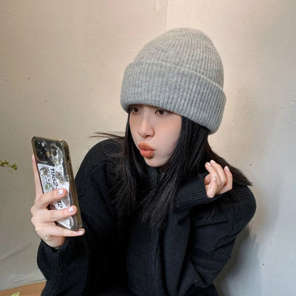 Winter Hats Woman Soft Knit Beanie Warm Rabbit Fur Hat Solid