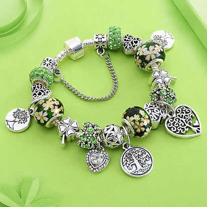 Antique  Silver Tree of Life Charm Bracelets Green Crystal Flower