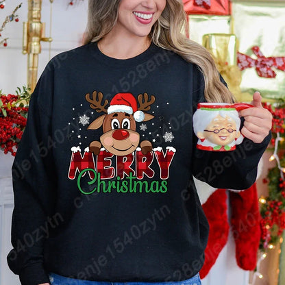 Women's Festive Christmas Reindeer & Plaid Graphic Sweatshirt