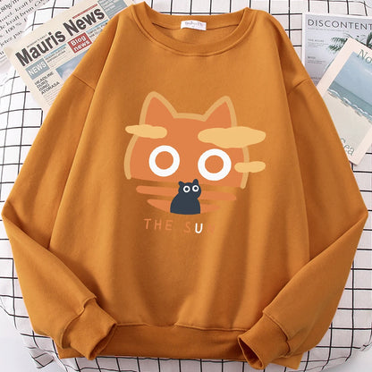 The Sun Orange Cat Fun Cute Print Cartoons Hoody Men Loose