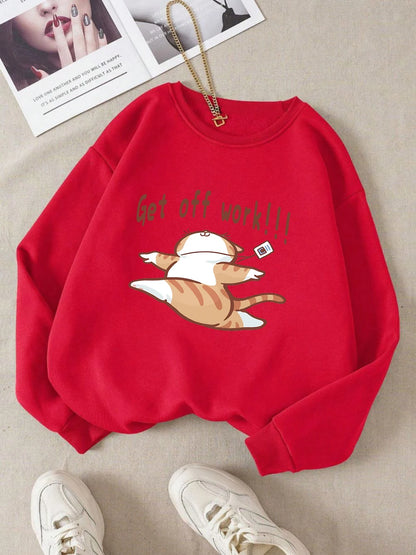 Get Off Work Happy Cat Prints Hoodies Women Winter Basics