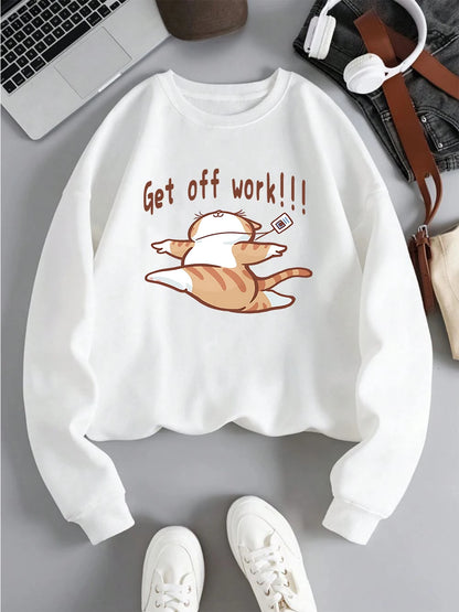 Get Off Work Happy Cat Prints Hoodies Women Winter Basics