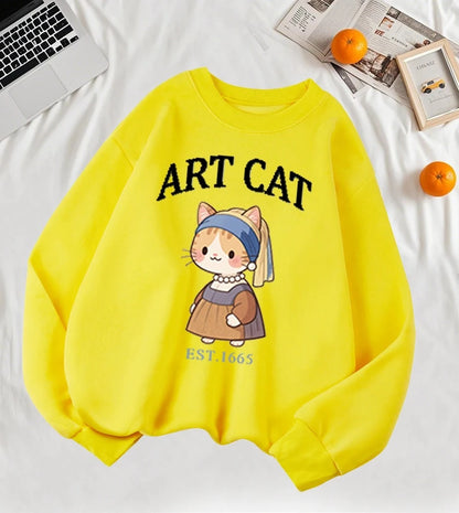 Girl with A Pearl Earring Art Cat Cartoon Print Womens Sweatshirt