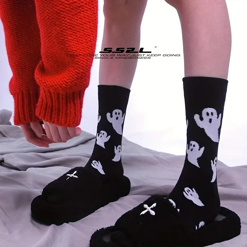 Black  White Halloween Mid-Calf Socks - Trendy Women's Socks