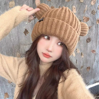 Cute Bear Ear Knitted Wool Hat Women Fashion Hooded Thick
