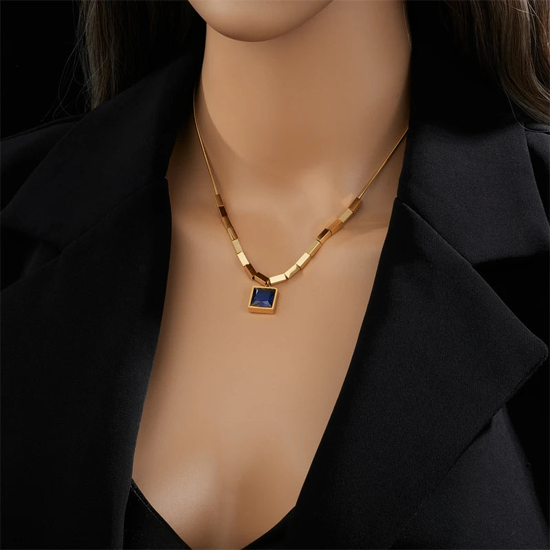 Stainless Steel Square Blue Zircon Necklace For Women
