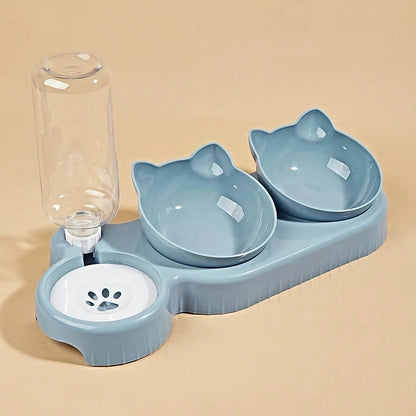 Pet Bowls With Water Feeder, 3 In 1 Ear Design Tilted Cat Water And Food