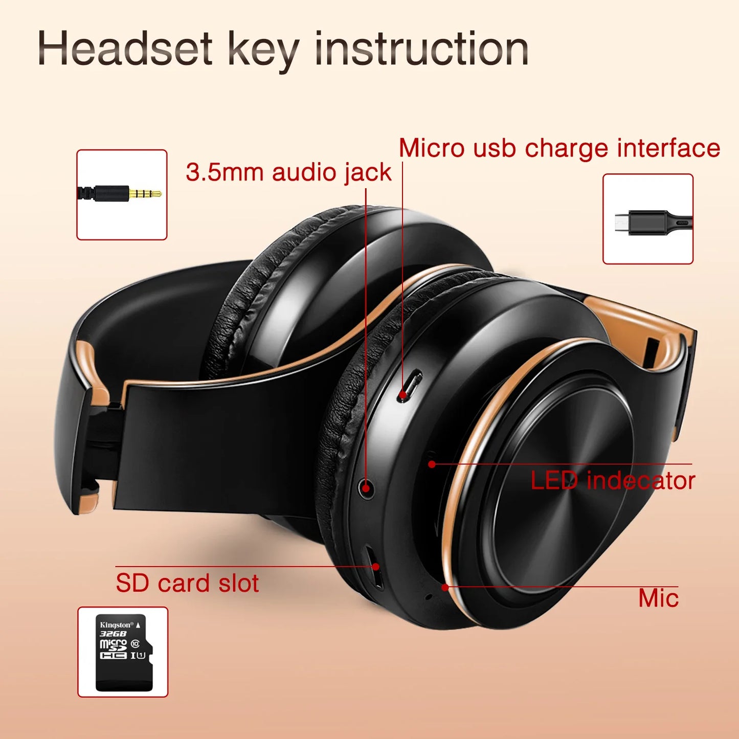 Men Gift Gold Wireless Headphones Bluetooth Earphone Stereo