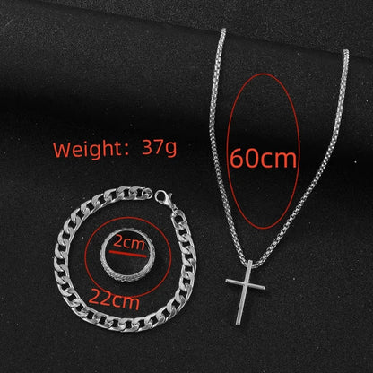 Punk Black Cross Pendant Necklace Thick Chain Bracelet Ring Fashion