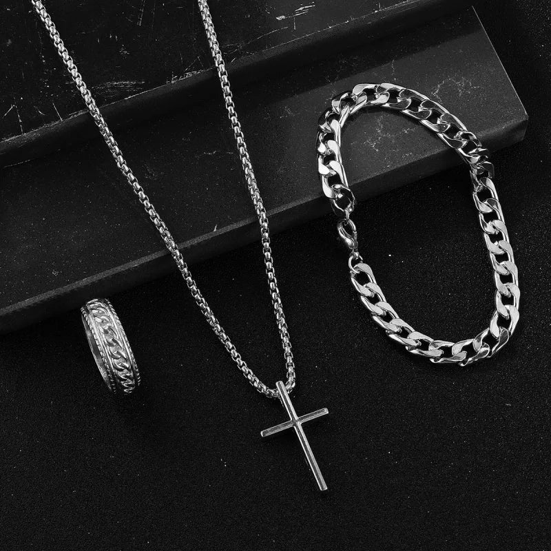 Punk Black Cross Pendant Necklace Thick Chain Bracelet Ring Fashion