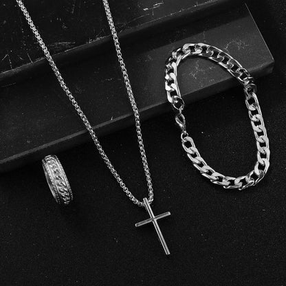 Punk Black Cross Pendant Necklace Thick Chain Bracelet Ring Fashion