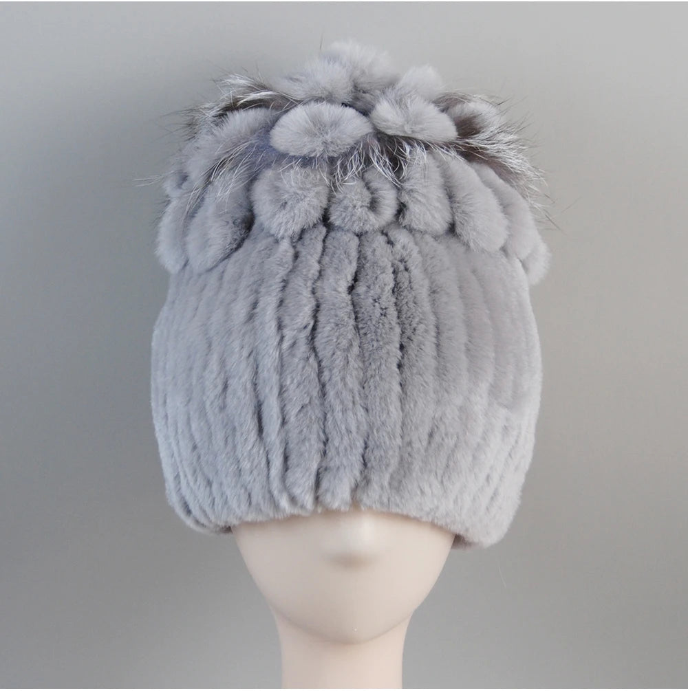 Fur Hats for Women Winter Real Rex Rabbit Hat Fox Fur Knit Female
