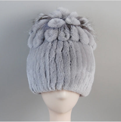 Fur Hats for Women Winter Real Rex Rabbit Hat Fox Fur Knit Female