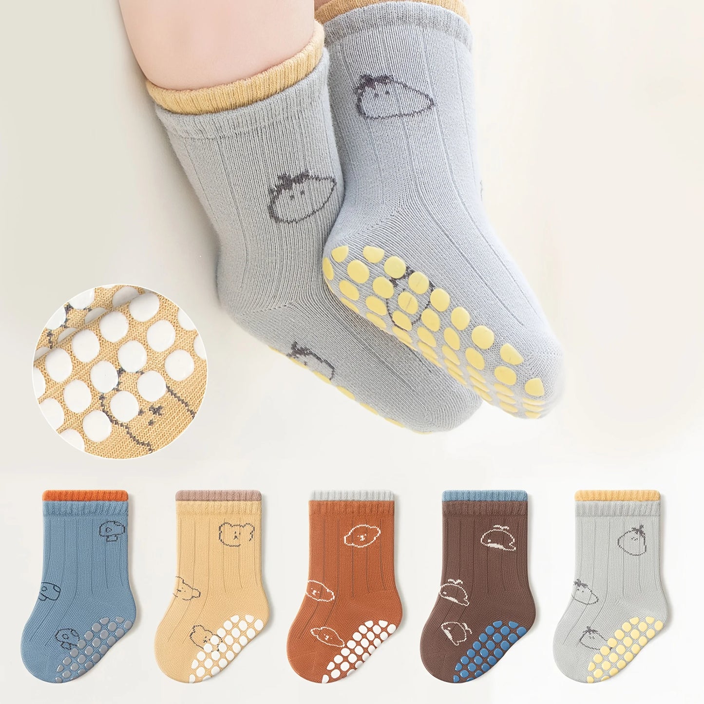 5 Pairs of Baby Floor Socks with Cartoon Animal Bear Pattern