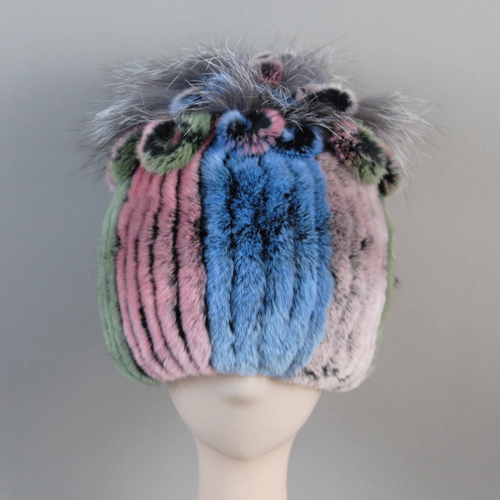 Fur Hats for Women Winter Real Rex Rabbit Hat Fox Fur Knit Female
