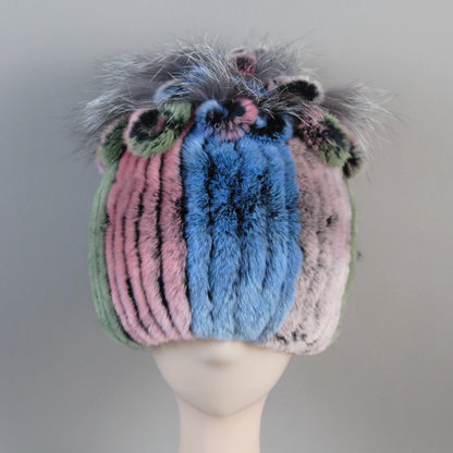 Fur Hats for Women Winter Real Rex Rabbit Hat Fox Fur Knit Female