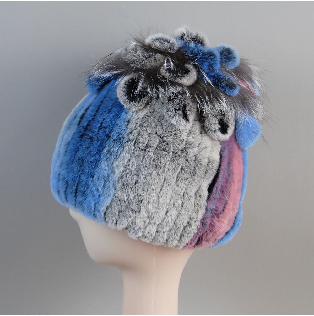 Fur Hats for Women Winter Real Rex Rabbit Hat Fox Fur Knit Female