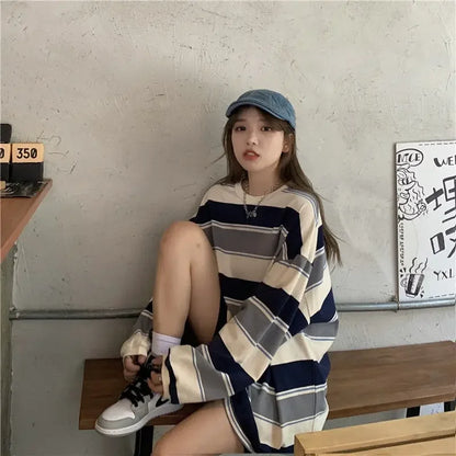 Women's Autumn T-shirt Striped Top Sweatshirt 2024 Korean