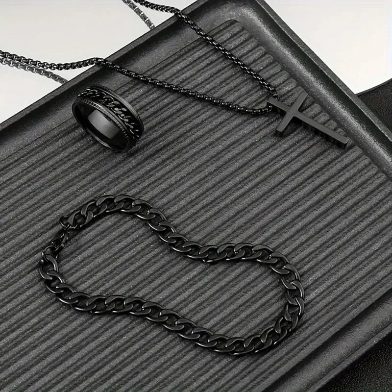 Punk Black Cross Pendant Necklace Thick Chain Bracelet Ring Fashion