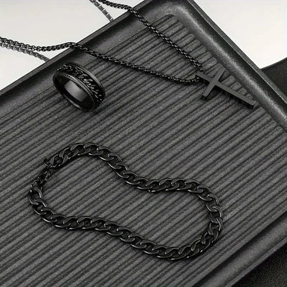 Punk Black Cross Pendant Necklace Thick Chain Bracelet Ring Fashion