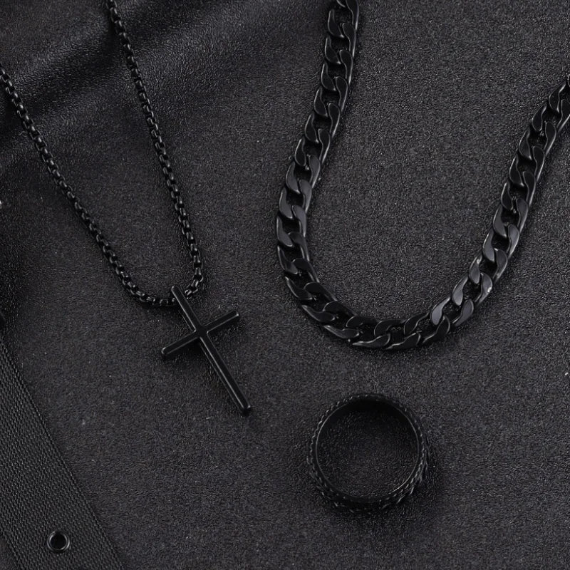 Punk Black Cross Pendant Necklace Thick Chain Bracelet Ring Fashion
