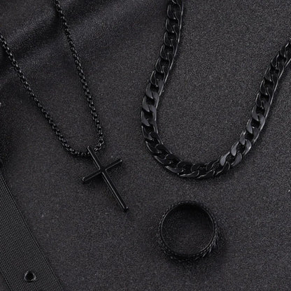 Punk Black Cross Pendant Necklace Thick Chain Bracelet Ring Fashion
