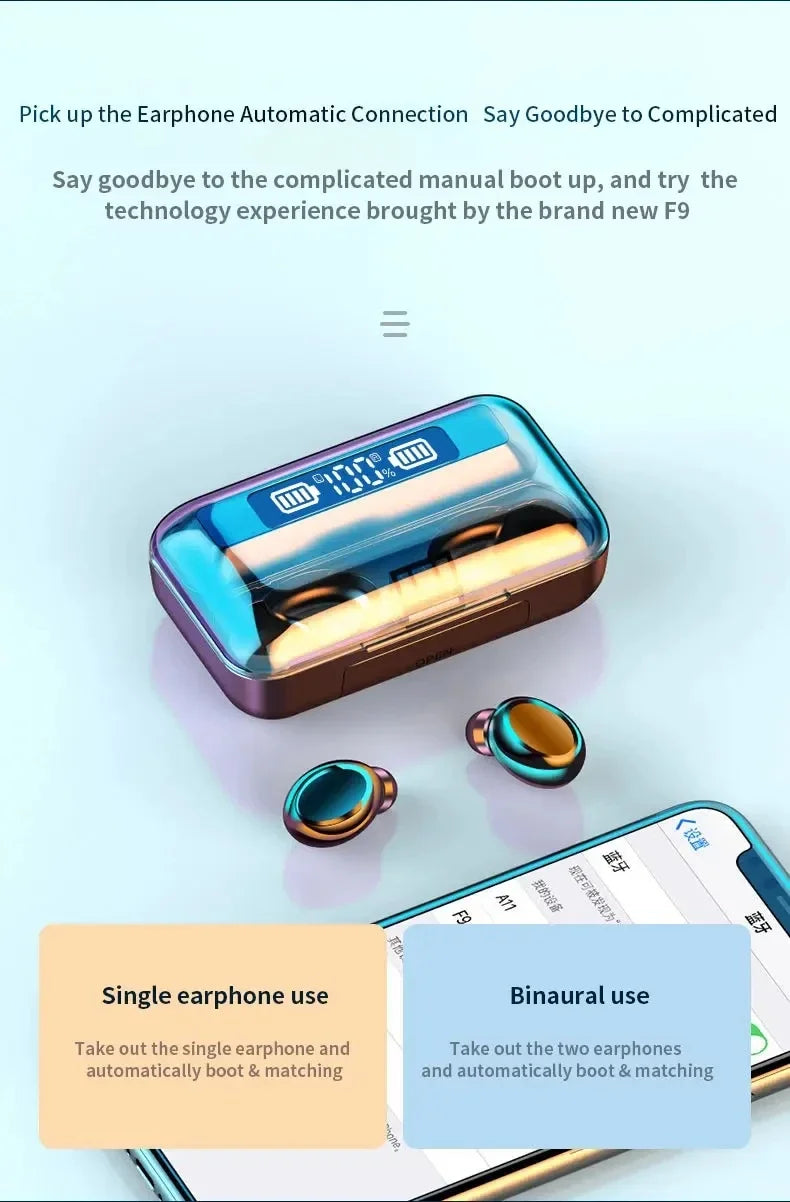 F9 Wireless Bluetooth Headphones Tws Waterproof Earbuds Earphones