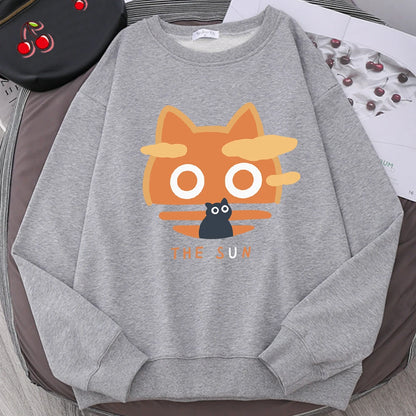 The Sun Orange Cat Fun Cute Print Cartoons Hoody Men Loose