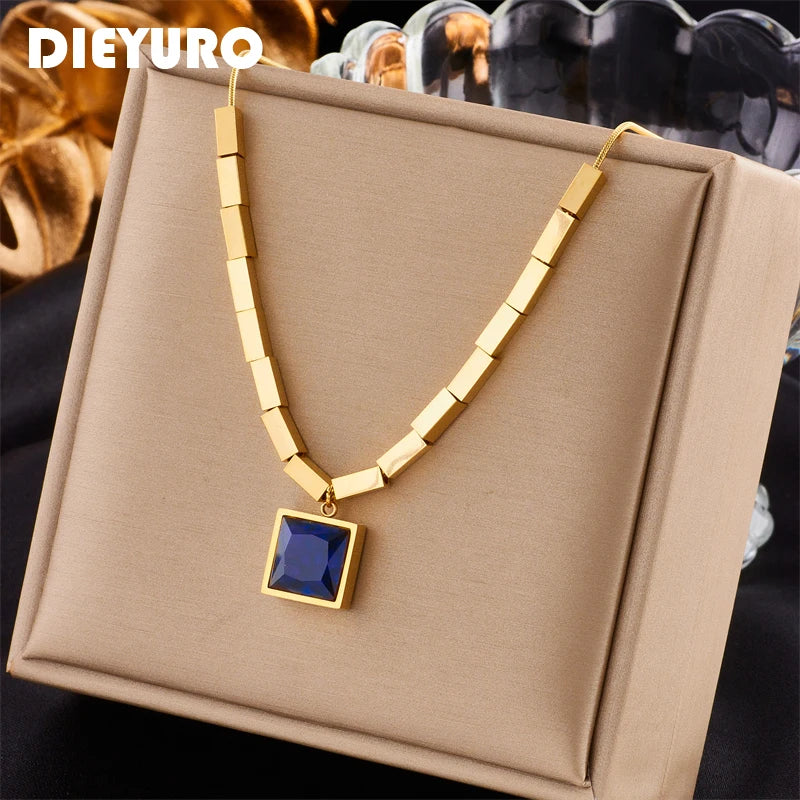 Stainless Steel Square Blue Zircon Necklace For Women