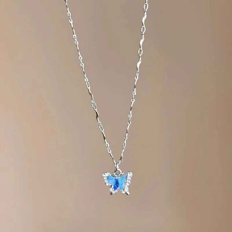 LATS Romantic Blue Crystal Butterfly Necklace for Women Girls Simple