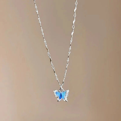 LATS Romantic Blue Crystal Butterfly Necklace for Women Girls Simple
