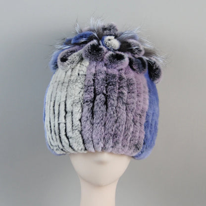 Fur Hats for Women Winter Real Rex Rabbit Hat Fox Fur Knit Female