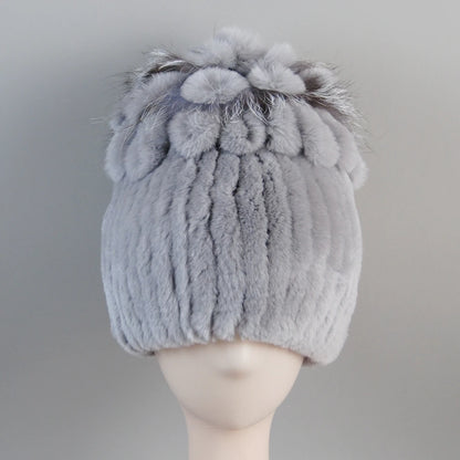 Fur Hats for Women Winter Real Rex Rabbit Hat Fox Fur Knit Female