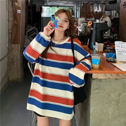 Women's Autumn T-shirt Striped Top Sweatshirt 2024 Korean