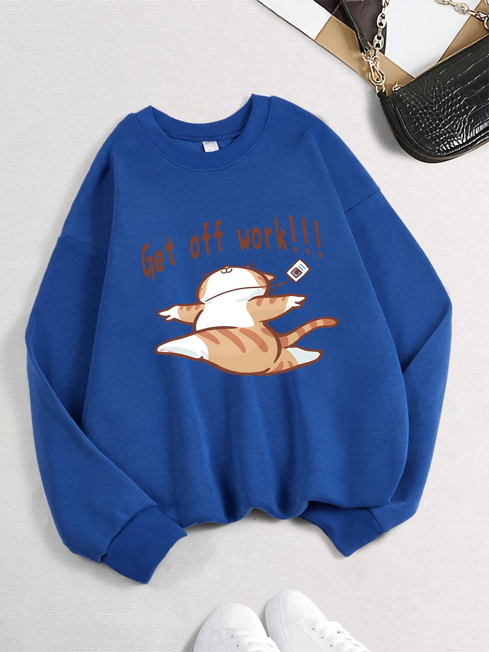 Get Off Work Happy Cat Prints Hoodies Women Winter Basics