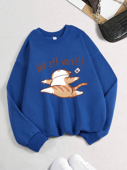 Get Off Work Happy Cat Prints Hoodies Women Winter Basics